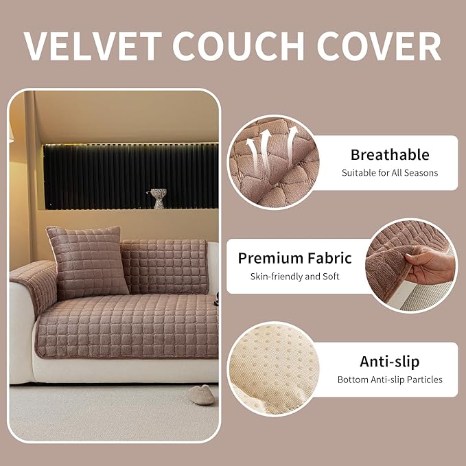 Velvet Couch Cover, Plush Sectional Sofa Cover Washable, Anti Slip Sofa Slipcover for Armrest & Backrest, Furniture Protector Covers for Pets & Kids(1PC, Dark Brown, 35.4"×35.4")