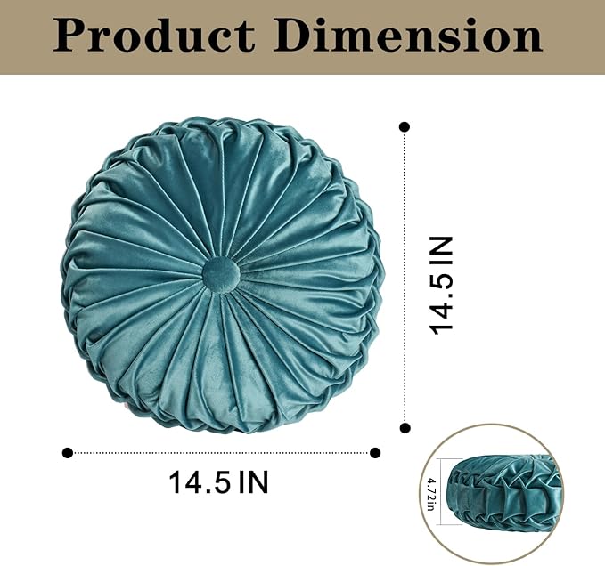 HIG Set of 2 Teal Ruched Velvet Round Throw Pillows – 14.5’’ Decorative Pillows with Soft Polyester Filling for Couch, Bed, Living Room, Bedroom, or Dorm – Handmade, Stress Relieving, All-Season