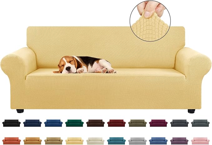 KEKUOU Stretch Sofa Cover Slipcover ，Couch Covers for 3 Cushion Couch Sofa pet Friendly (78"-94") Furniture Protector Sofa with Elastic Bottom for Kids,Dog, Jacquard Small Checked(Large,Champagne)