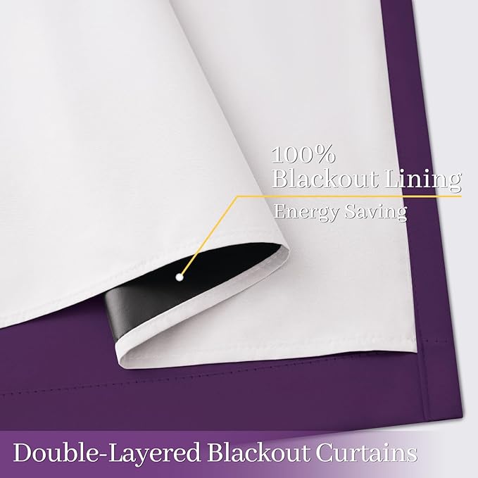 Yakamok 100% Blackout Curtain Panels 63 inches Cold and Light Blocking Drapes for Nursery, 2 Thick Layers Thermal Insulated Draperies (2 Pieces, 50 Wide Each Panel, Purple/White Backing)