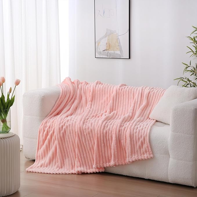 Light Pink Fleece Throw Blanket 90”×90” for Couch Sofa Bed,Super Soft Cozy Plush Microfiber Flannel Blanket with Stripes Design Lightweight for Adults,Woman,Girls