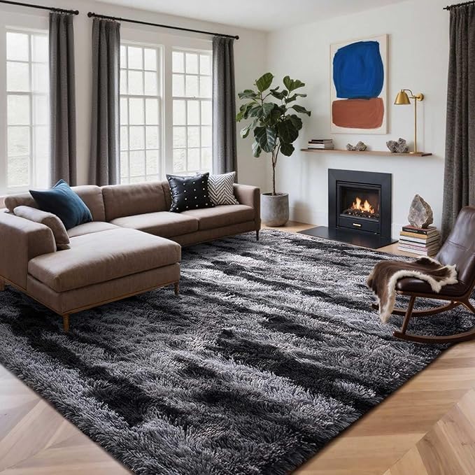 4x6 Ft Shag Rugs for Bedroom Living Room, Tie-Dyed Ultra Soft Fluffy Furry Area Rugs for Indoor Floor, Aesthetic Carpet for Kids Home Decor (Black)