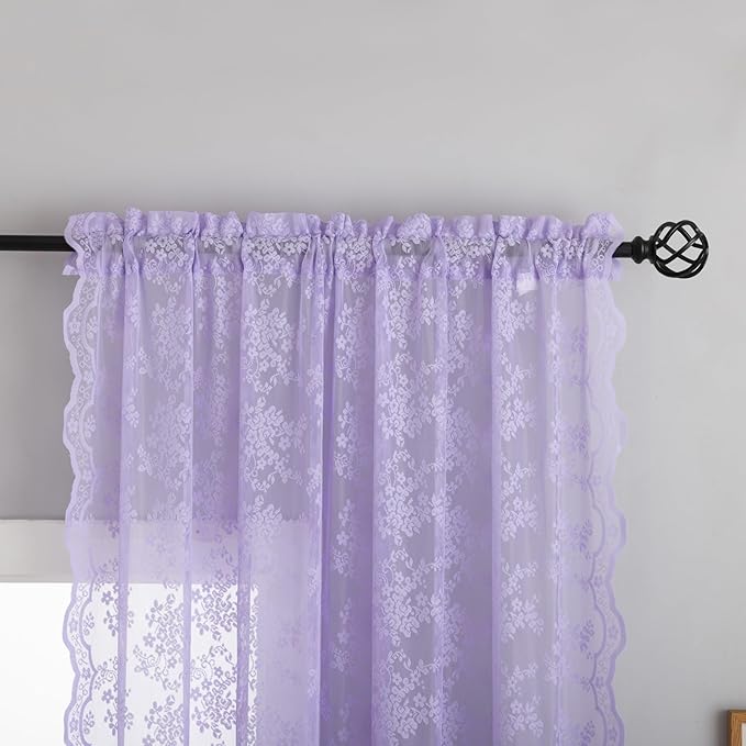 YJ YANJUN Vintage Lace Curtains 84 Inches Long-Victorian Floral Pattern Lavender Sheer Curtain Panels for Living Room Bedroom,Light Filtering, Romantic Girly Drapes 2 Panels 52W x 84L Light Purpel