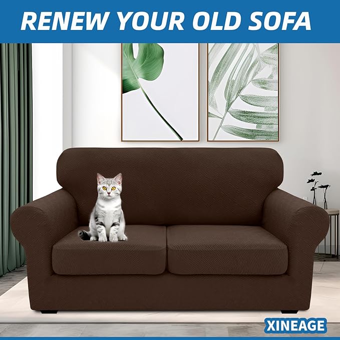 XINEAGE 2026 New 3 Pieces Couch Covers for 2 Cushion Sofa Super Stretch Loveseat Slipcover Pet Dog Universal Slip Cover Anti Slip Love Seat Furniture Protector (Coffee, 55"-69")