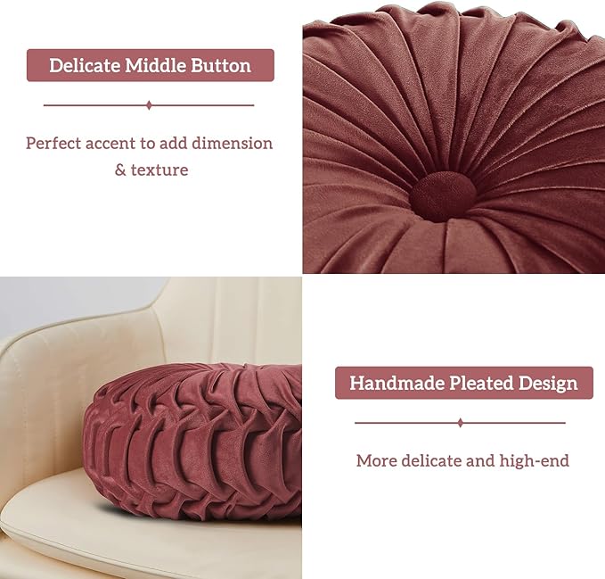 HIG Set of 2 Decorative Round Pleated Throw Pillows,Classy Accent Pumpkin Throw Pillows with Center Button,Vintage Velvet Floor Pillows for Sofa Vanity Chair Bed,Dusty Rose,14.5" Diameter(Ripple)