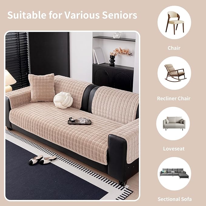 Velvet Couch Cover, Washable Sectional Sofa Cover, Anti Slip Sofa Slipcover for 3 Cushion Couch Sofa L Shaped Armrest Backrest, Furniture Protector Covers for Pets Kids(Khaki, Only 1 PCS)
