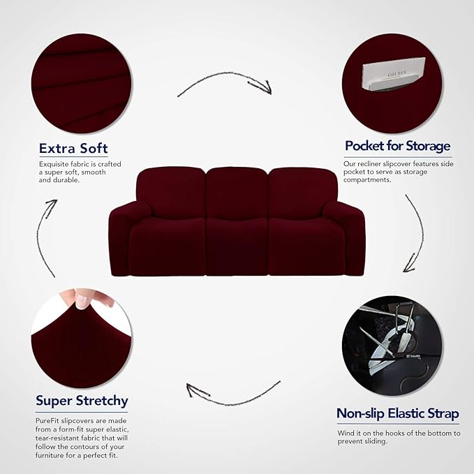 PureFit Super Stretch 3 Seats Recliner Chair Sofa Couch Cover with Pocket – Non Slip Soft Sofa Slipcover, Washable Spandex Reclining Furniture Protector for Kids, Pets (Recliner Sofa, Wine)