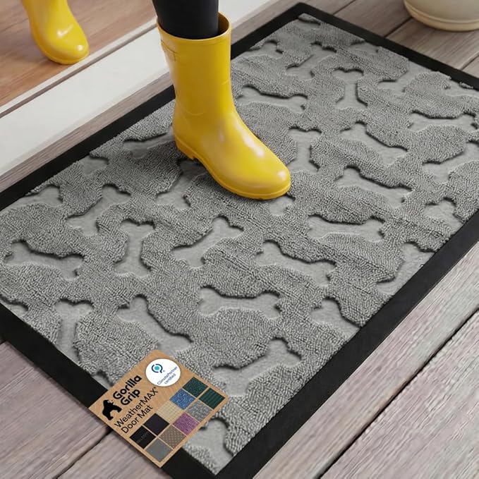 GORILLA GRIP 100% Waterproof All-Season WeatherMAX Doormat, US Designed Natural Rubber, Stain and Fade Resistant, Low Profile Indoor Outdoor Door Mats, Easy Clean Patio Mat, 29x17, Light Gray Bones