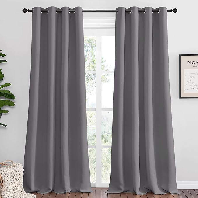 NICETOWN Bedroom Blackout Curtains Panels, 1 Pair, 55 inches by 110 Inch, Grey, Triple Weave Energy Saving Thermal Insulated Solid Grommet Blackout Draperies for Patio