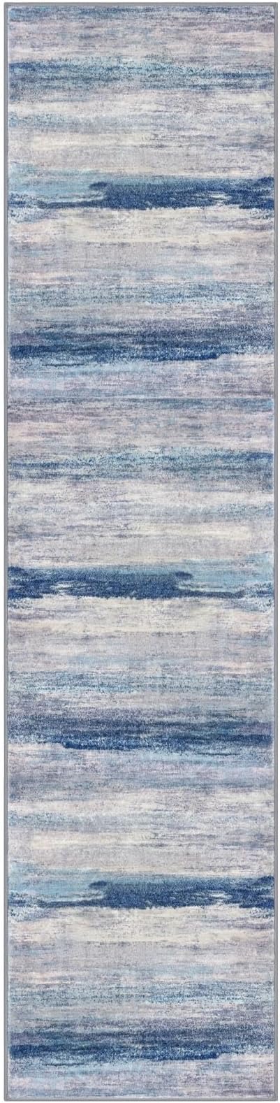 KOZYFLY Modern Abstract Washable Rug Runner 2.6x10 Hallway Rug Runner Non-Slip Soft Kitchen Runner Rugs, Blue/Grey/Beige Striped Carpet for Entryway Bathroom Laundry Room Foyer