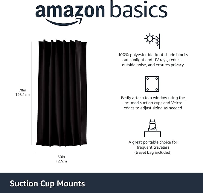 Amazon Basics Portable Blackout Curtain Shade with Suction Cups, Noise Reducing, Energy Saving, 50" W x 78"L, Black, 1-Pack