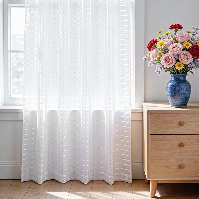 SpaceDresser Check Sheer Curtains 63 Inches Long for Living Room, Rod Pocket Plaid Semi Sheer Drapes for Kitchen Bedroom（White, 52W x 63L）