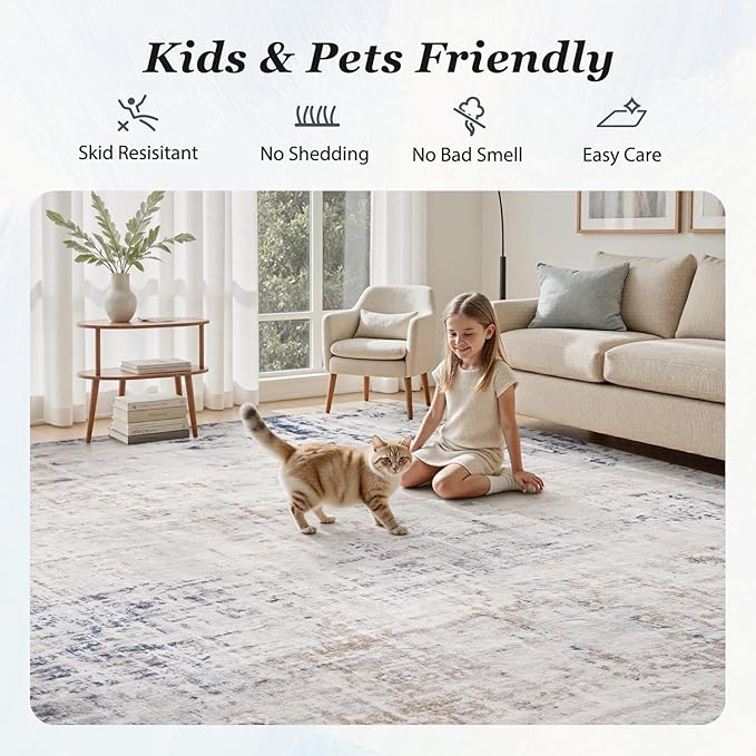 3 x 5 Rug Small Non Slip Area Rug Ultra Soft Machine Washable Low Pile Modern Abstract Area Rugs for Bedroom Living Room Entryway Kitchen Bedside, Blue/Grey