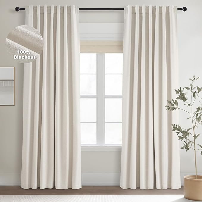 Topfinel 90 Inches Long Full Blackout Linen Curtains for Bedroom, Pinch Pleat Black Out Curtains, Viral Farmhouse Modern Lined Track Drapes 2 Panels Set for Living Room Sliding Door Winter