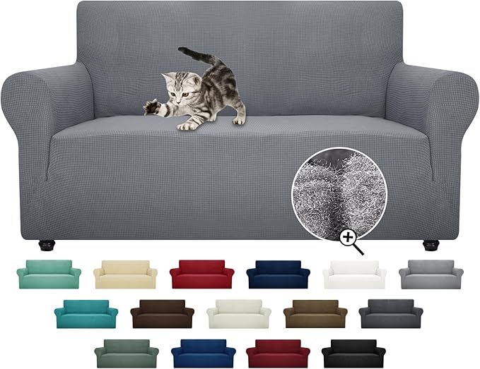ZNSAYOTX Super Stretch Couch Cover Love Seat Sofa Covers for Living Room Dogs Pet Friendly Furniture Protector Spandex Loveseat Slipcovers with Anti Slip Foam Sticks (Light Grey, Loveseat)