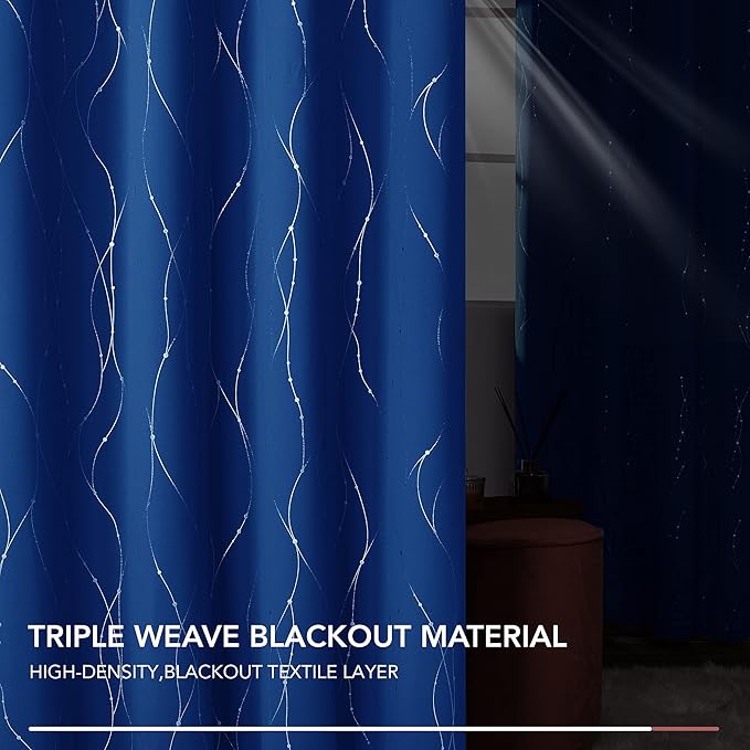 Deconovo Blackout Curtains, 52 x 95 Inch Drapes for Sliding Door with Wave Dot Silver Print, Soundproof Thermal Insulated Window Curtain for Bedroom Living Room, Set of 2, Machine Washable, Royal Blue