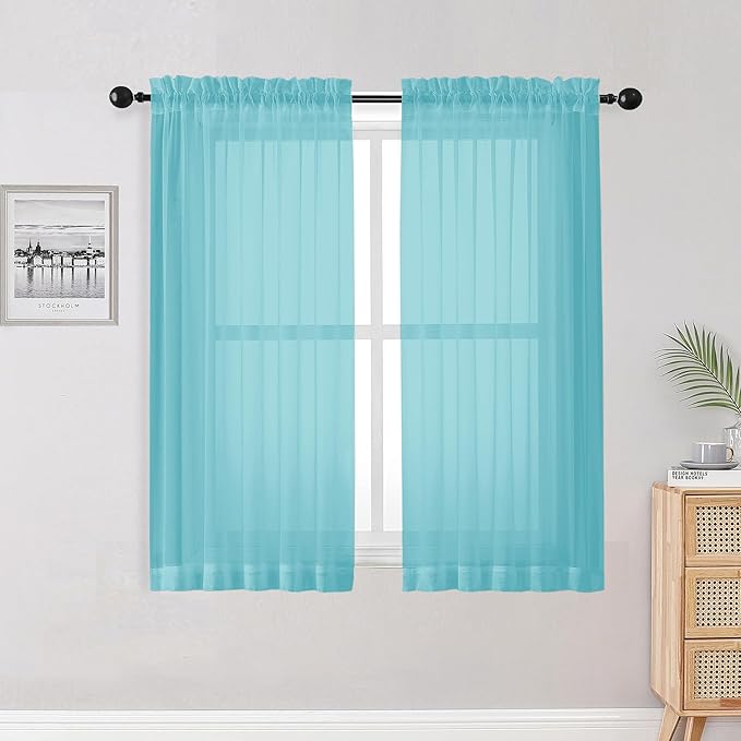 OWENIE Aqua Sheer Curtains for Bedroom Living Room 54 Inch Length 2 Panels Set, Soft Solid Light Filtering Sheer Short Curtains for Small Window, 2 Pcs Total 84 Width 54 Long, Aqua