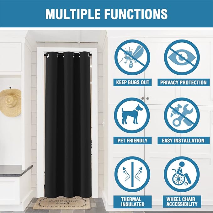H.VERSAILTEX Doorway Curtain Blackout Closet Door Curtain Room Divider Window Treatment Curtain for Bedroom Thermal Insulated Privacy Drape Soundproof Grommet, 42 x 80 inches, 1 Panel, Black