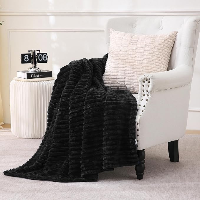 Black Fleece Throw Blanket 60”×80” for Couch Sofa Bed,Super Soft Cozy Plush Microfiber Flannel Blanket with Stripes Design Lightweight for Adults,Woman,Girls