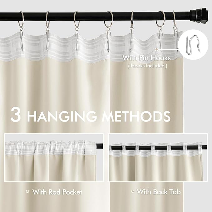MIULEE Beige White Back Tab Blackout Curtain 96 Inch Long 2 Panels Set for Bedroom, Rod Pocket/Pinch Pleat Thermal Insulated Living Room Darkening Pleated Light Blocking Floor to Ceiling Drape