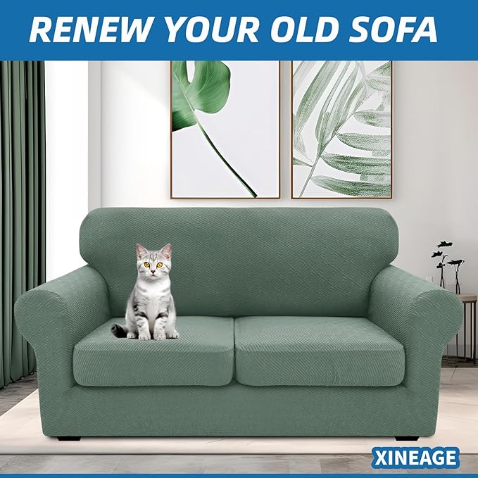 XINEAGE New 3 Pieces Couch Covers for 2 Cushion Sofa Super Stretch Loveseat Slipcover Pet Dog Universal Slip Cover Anti Slip Love Seat Furniture Protector (Pea Green, 55"-69")