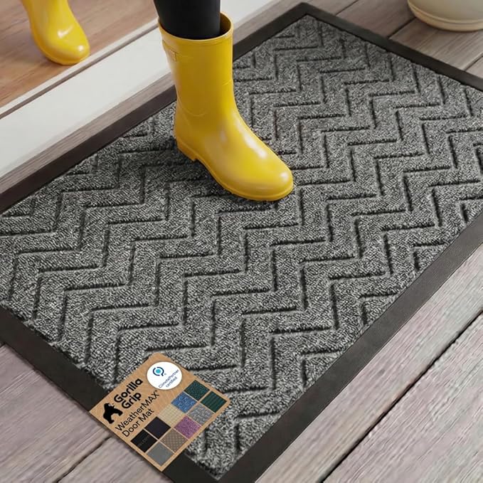GORILLA GRIP 100% Waterproof All-Season WeatherMAX Doormat US Designed Natural Rubber, Stain and Fade Resistant, Low Profile Indoor Outdoor Door Mats, Easy Clean Patio Mat, 29x17, Steel Chevron