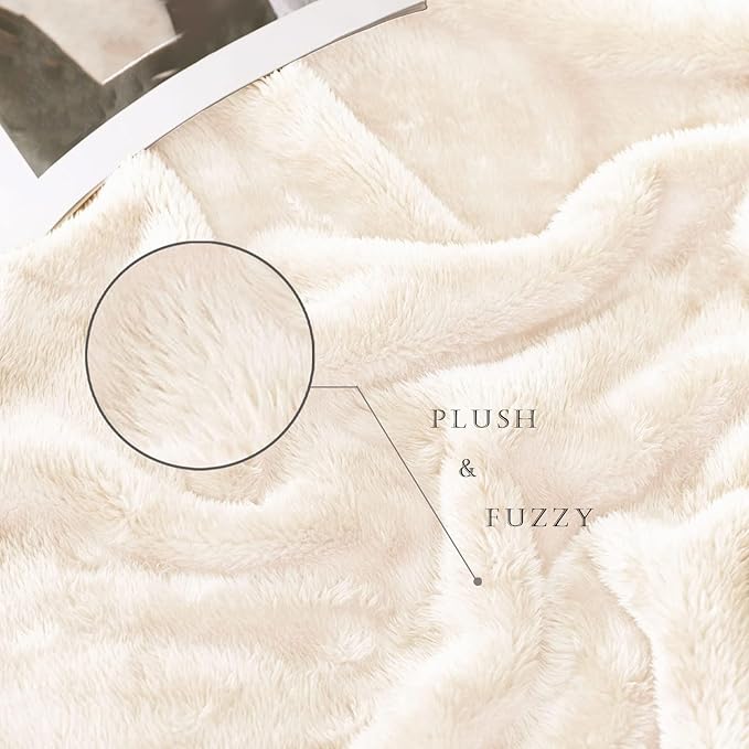 Exclusivo Mezcla Plush Fuzzy Fleece Bed Blanket Queen Size, Super Soft, Fluffy and Warm Blankets for Couch, Bed, All Season (Ivory, 90x90 inches)