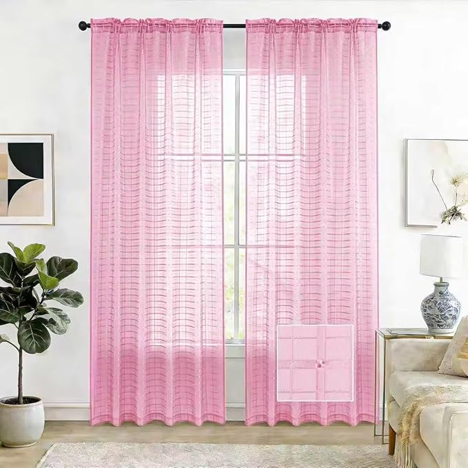 SpaceDresser Check Sheer Curtains 45 Inches 2 Panels Set, Rod Pocket Plaid Window Curtain for Living Room, Pink Semi Sheer Drapes for Kitchen Bedroom Children Room Yard（Pink, 52W x 45L）