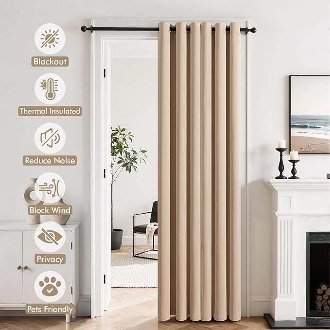 MIULEE Blackout Door Curtain Set of 2, 34 x 80 Inch Beige Thermal Insulated Room Divider Drapes with Grommet Top for Privacy Cover, Living Room, Bedroom, Closet & Temporary Doorway