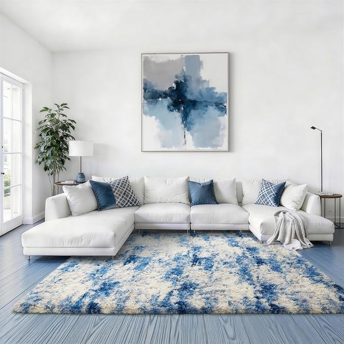 Ophanie Blue White and Grey Area Rugs for Living Room 5x7, Fluffy Shag Large Fuzzy Plush Soft Carpets, Floor Shaggy Rugs for Bedroom, Carpet for Kids Boys Girls Dorm Nursery Home Decor Aesthetic