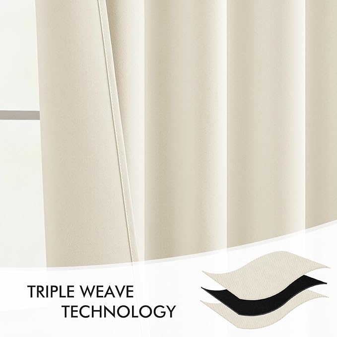 MIULEE Beige White Back Tab Blackout Curtains 63 Inch Length 2 Panels Set for Living Room Bedroom Privacy, Rod Pocket/Pinch Pleat Thermal Insulated Room Darkening Pleated Light Blocking Drapes