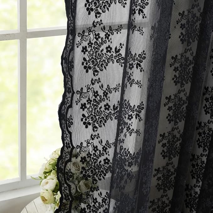 YJ YANJUN Vintage Lace Curtains 84 Inches Long-Victorian Floral Pattern Black Sheer Curtain Panels for Living Room Bedroom,Light Filtering, Gothic Witchy Halloween Drapes 2 Panels 52W x 84L