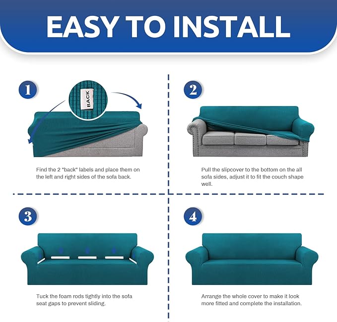 KEKUOU Stretch Single Sofa Slipcover 1 Piece Couch Sofa Cover (31"-55") Furniture Protector 1 Seater Sofa with Elastic Bottom for Kids,Pet.Jacquard Small Checked Pattern Fabric(Small,Peacock Blue)
