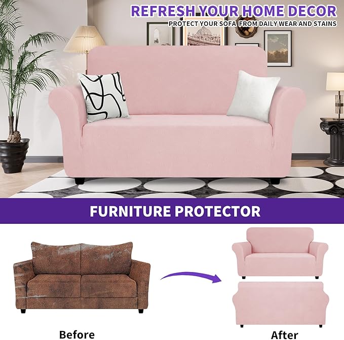 ZNSAYOTX Super Stretch Loveseat Covers (57"-70"), New Striped Love Seat Slipcover, Dogs Pet Friendly Anti-Slip Couch Protector Spandex Durable 2 Seater Fabric Sofa Cover (Rose, Loveseat)