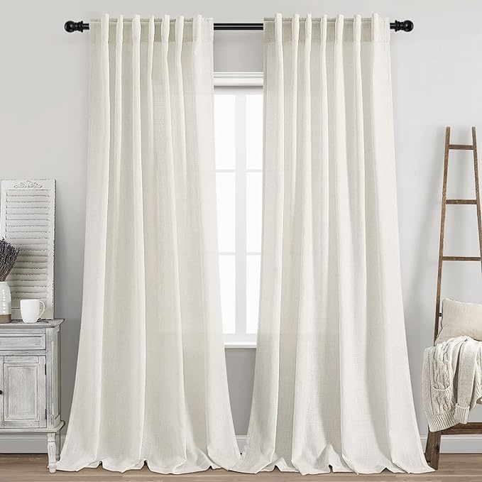 Cream Linen Curtains 99 Inches Long 2 Panels Set Back Tab Rod Pocket Semi Sheer Light Filtering Window Curtain Drapes Neutral Modern Aesthetic Long Curtains for Living Room Bedroom Decor 52x99