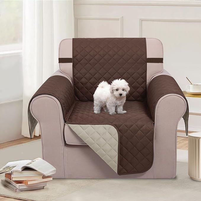 U-NICE HOME Recliner Chair Covers Reversible Chair Cover Pet Covers for Dogs with Elastic Straps Water Resistant Diamond Quilted (23''Armchair, Coffee/Beige)