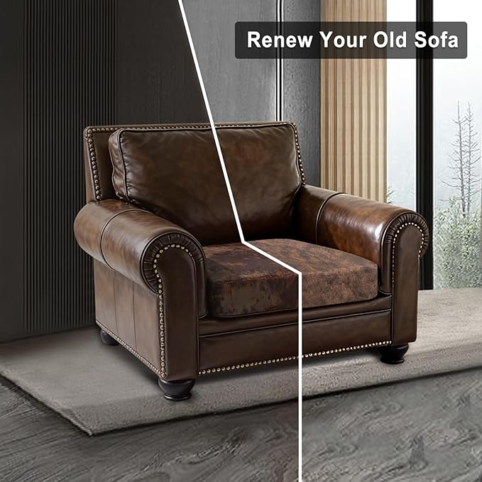 Leather Look Couch Cushion Covers Sofa Seat Slipcovers Sets Couches Furniture Protector for Sectional Armchair Loveseat Pets Kids Stretch Spandex Fabric (1 Cushion Armchair, Dark Brown)
