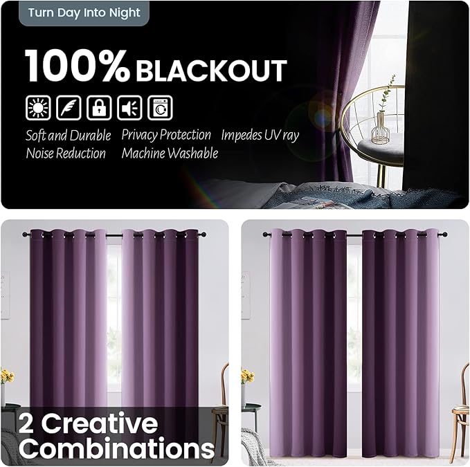SimpleHome Blackout Curtains Ombre for Living Room,Room Darkening Purple Curtains Set of 2 Panels Thermal Insulated Bedroom Curtains，52 x 84 Inch