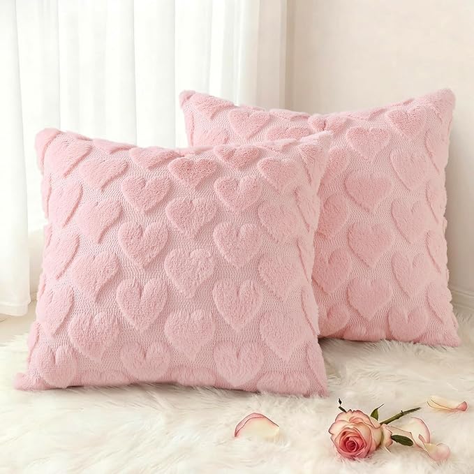 decorUhome Valentine’s Day Soft Plush Throw Pillow Covers 16x16 Inch Set of 2, Faux Fur Pink Heart Decoration Neutral Square Pillow Covers for Couch Sofa Bed Cozy Farmhouse Holiday Decor