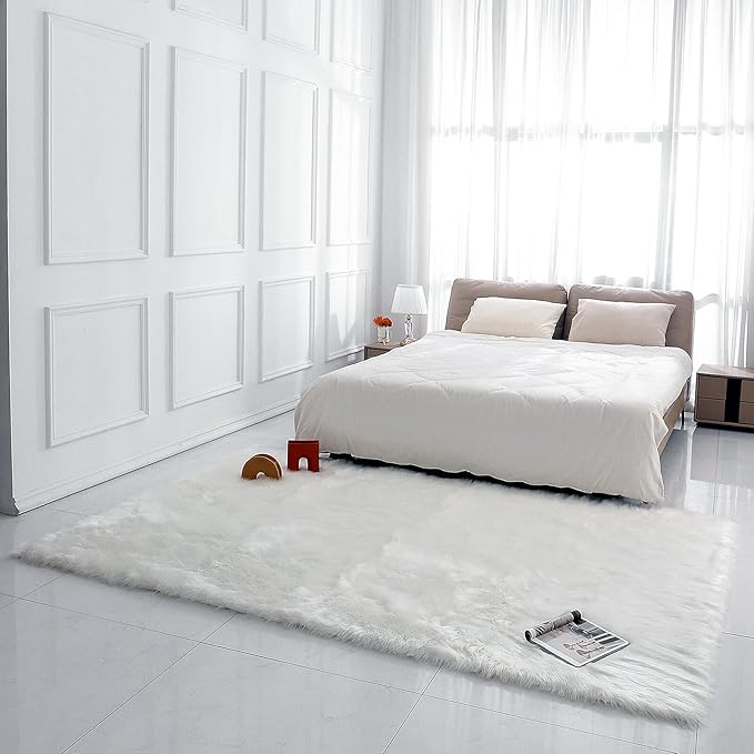 linmopm Faux Fur Rug White Sheepskin Shag Fluffy Fuzzy 6x9 ft Rugs for Bedroom Bedside Bed Floor Living Room Plush Rectangle High-Density Cushion Carpet Super Sofa Cover