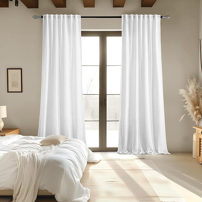 MIULEE White Linen Curtains 95 Inch Long 2 Panels for Bedroom Living Room, Soft Thick Linen Textured Back Tab Window Drapes Semi Sheer Light Filtering Rod Pocket Modern Farmhouse Decor