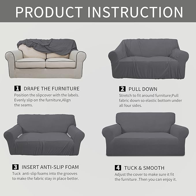 Easy-Going Stretch Loveseat Slipcover 1-Piece Sofa Cover Furniture Protector Couch Soft with Elastic Bottom for Kids Polyester Spandex Jacquard Fabric Small Checks (Loveseat, Grey)
