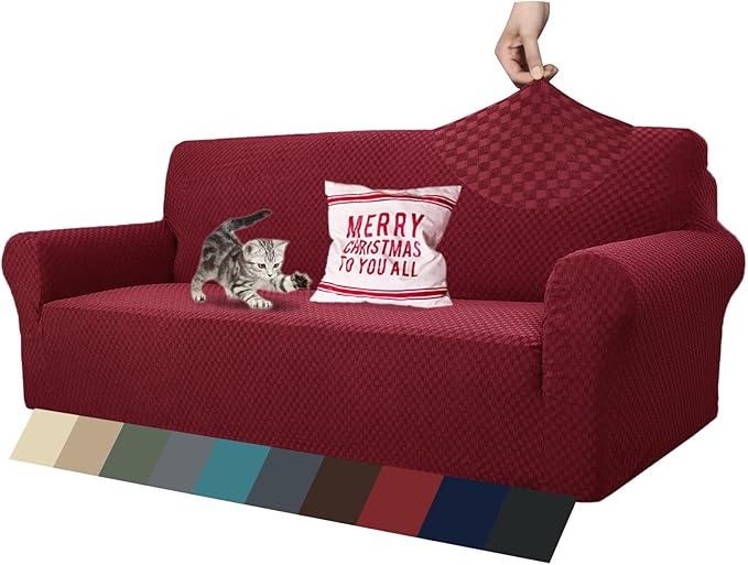 ZNSAYOTX 1 Piece Jacquard Couch Covers for 3 Cushion Couch Living Room High Stretch Sofa Cover Pets Dogs Friendly Anti Slip Thickened Slipcovers Furniture Protector (Sofa, Wine Red)