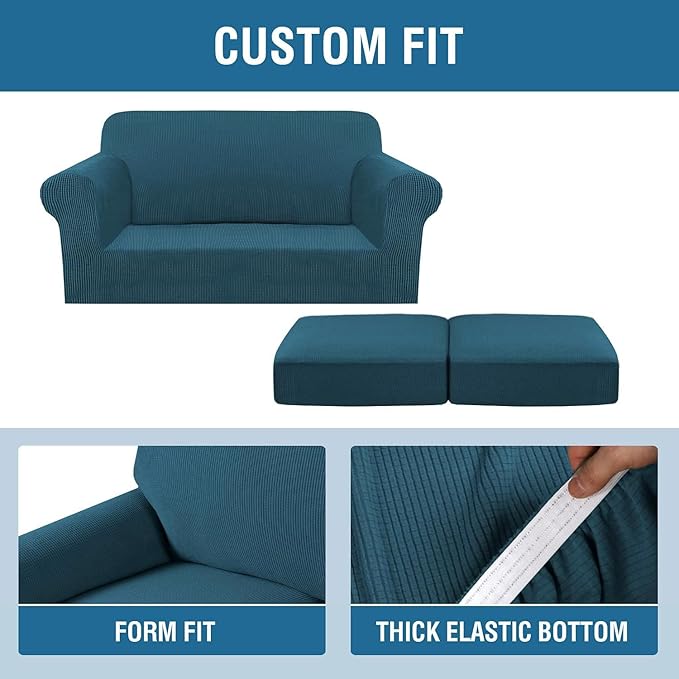 H.VERSAILTEX 3 Piece Stretch Sofa Covers for 2 Cushion Loveseat Couch Covers for Living Room Sofa Slipcovers (Base Cover Plus 2 Seat Cushion Covers) Thicker Jacquard Fabric(Medium Sofa, Deep Teal)