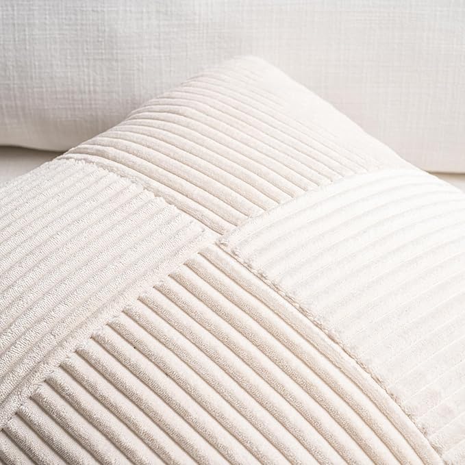 Fancy Homi 2 Packs Cream Lumbar Decorative Throw Pillow Covers 16x26 Inch for Living Room Couch Bed Sofa, Rustic Farmhouse Boho Home Decor, Soft Striped Corduroy Rectangle Accent Cushion Case