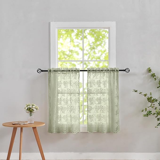 YJ YANJUN Vintage Lace Curtains 24 Inch Length- Boho Short Cafe Curtains for Small Window Light Filtering Scalloped Edges Sheer Drapes for Bathroom Basement Each 26x24 Inch 2 Panels