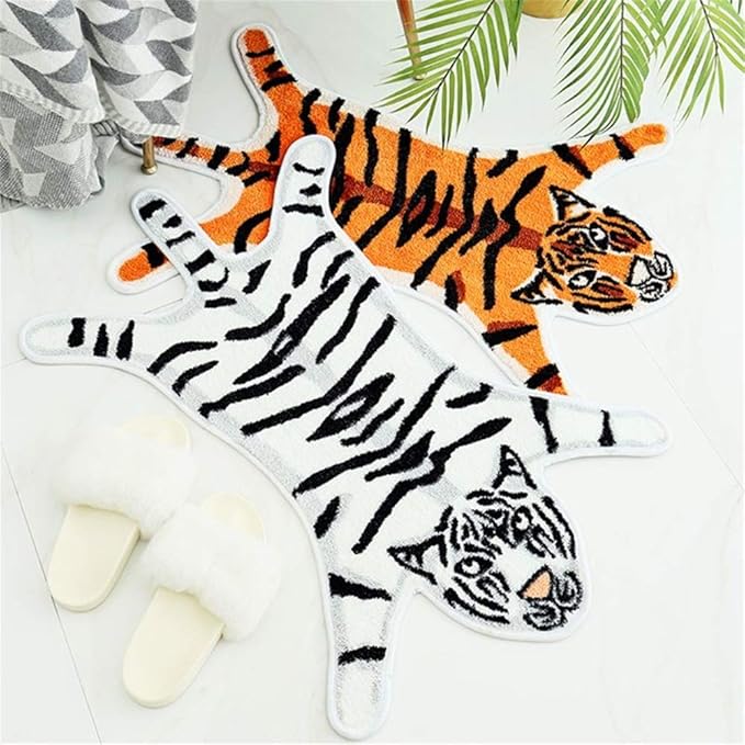 Tiger Print Rug Animal Printed Small Area Rugs Faux Cowhide Skin Leather Nonslip Personalized Bath Carpet Cartoon Rug Bedroom Office Living Room Floor Mat 2.6x1.8Ft/32.2inx21.4in