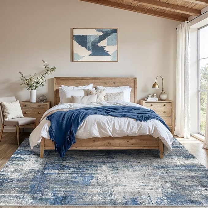 Latte&Fog 5x7 Area Rugs for Living Room Bedroom, Blue Modern Abstract Neutral Washable Rug, Boho Non Slip Low Pile Carpet for Dining Room,Dorm,Classroom,College Dorm and Farmhouse - Blue Grey