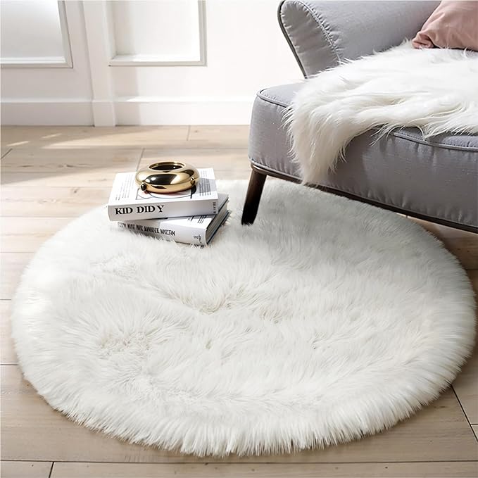 Round Fur Fluffy Area Rug for Bedroom, White Faux Fur Rugs Furry Circle Rug for Kids Room, Cute Furry Nursery Carpet, Plush Shag Circular Rugs Floor Carpets for Teen Girl Room, 3x3 Ft