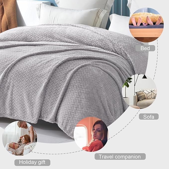 Exclusivo Mezcla Light Grey Fleece Queen Size Blanket for Bed, 90x90 Inches Soft Cozy 3D Decorative Jacquard Flannel Blankets, Lightweight Fuzzy Plush Warm Blankets for All Seasons